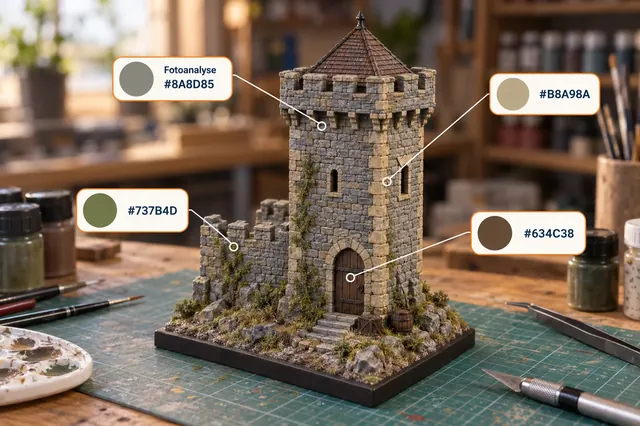 Miniature castle with a tower and colour analysis