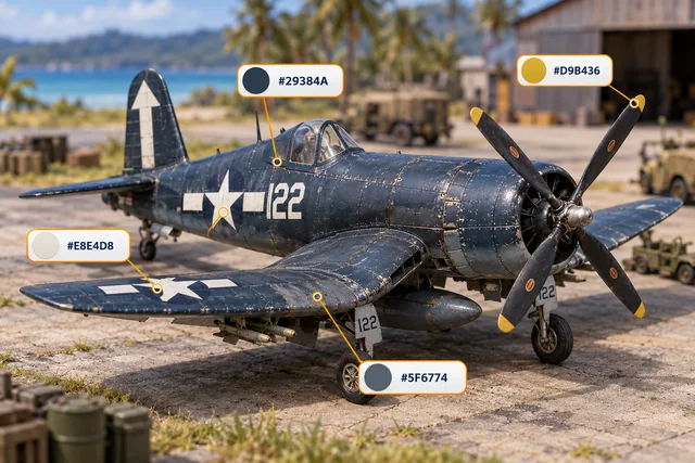 Blue propeller aircraft model on a tropical airfield with colour analysis