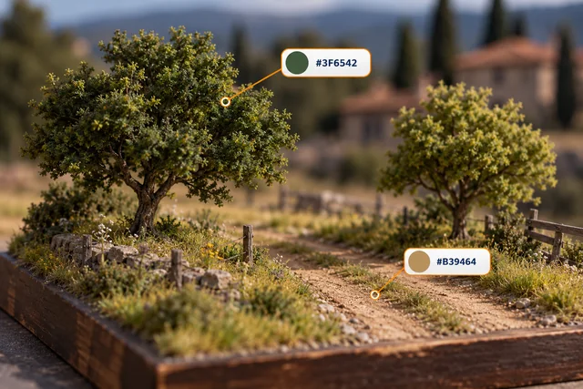 Landscape diorama with trees, a country path and colour analysis