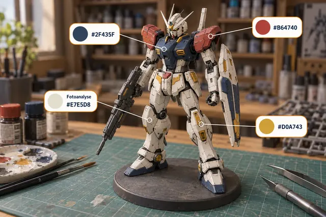 Painted Gundam model with colour analysis