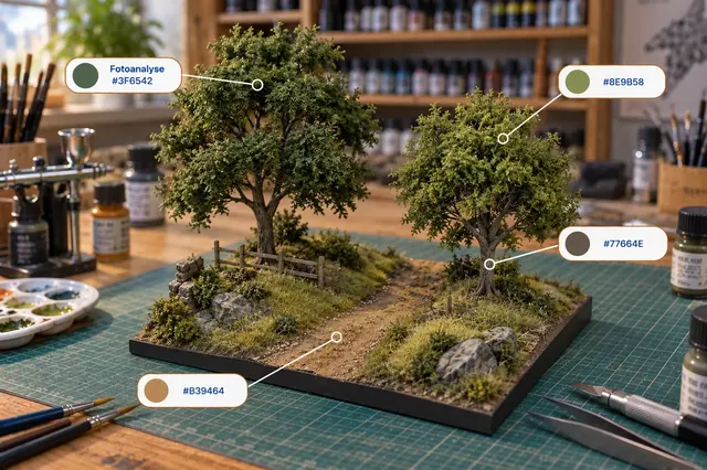 Miniature landscape with trees, a path and colour analysis