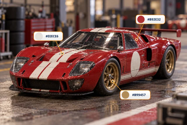 Red racing car model with white stripes and colour analysis