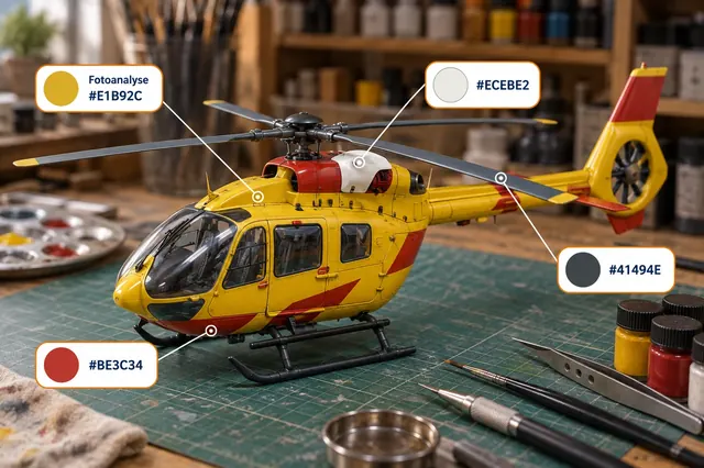 Yellow and red rescue helicopter model with colour analysis