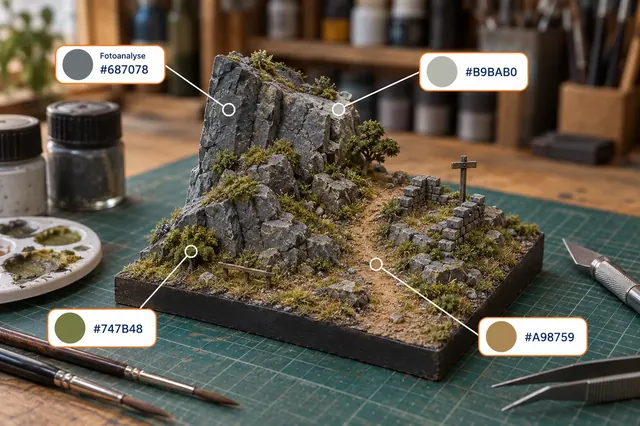 Miniature rocky landscape with ruins and colour analysis