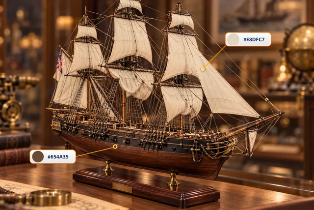 Historic sailing ship model on a wooden stand with colour analysis
