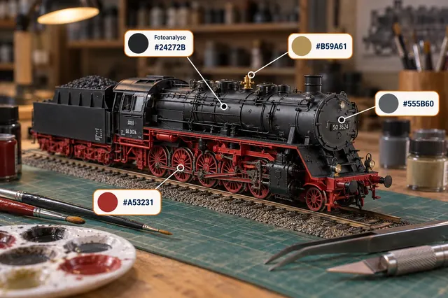 Black and red steam locomotive model with colour analysis