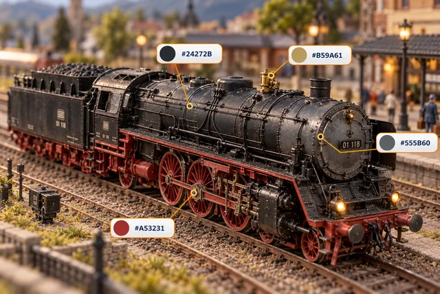 Black and red steam locomotive model at a station with colour analysis