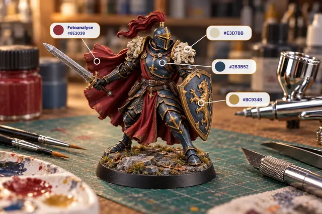 Painted knight miniature with colour analysis on a workbench