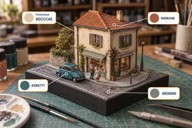 Miniature town scene with a house, car and colour analysis