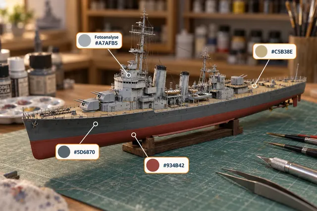Grey warship model with colour analysis