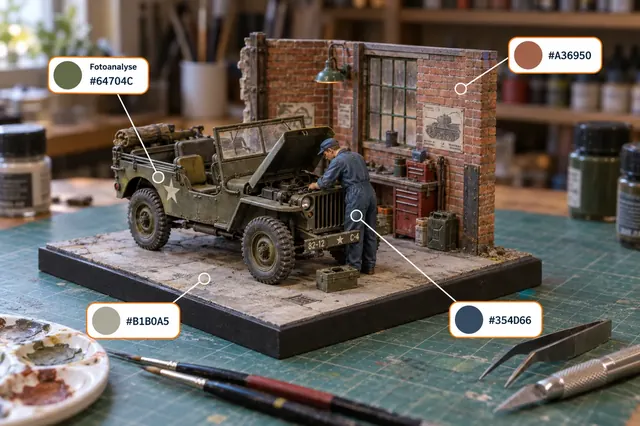 Miniature workshop with a jeep, mechanic and colour analysis